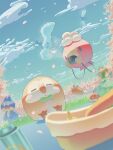  altaria blurry blurry_foreground closed_eyes clouds commentary_request cup day dedenne drifloon drinking eating falling_petals food food_on_face grass highres holding holding_cup lilligant mokukitusui munchlax no_humans outdoors petals pokemon pokemon_(creature) rowlet sitting sky swablu tatsugiri 