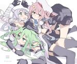  4girls all_fours bandages beret black_gloves black_ribbon black_serafuku black_shirt black_skirt black_thighhighs blue_neckerchief braid elbow_gloves garter_straps gloves green_eyes green_hair green_neckerchief grey_hair hair_between_eyes hair_flaps hair_ornament hairclip harusame_(kancolle) hat kantai_collection long_hair mole mole_under_eye multiple_girls neckerchief pink_hair pleated_skirt red_eyes ribbon sailor_collar sailor_shirt school_uniform serafuku shirt side_ponytail single_braid skirt sleeveless sleeveless_shirt sugue_tettou thigh-highs twin_braids umikaze_(kancolle) umikaze_kai_ni_(kancolle) very_long_hair white_headwear white_sailor_collar yamakaze_(kancolle) yamakaze_kai_ni_(kancolle) 