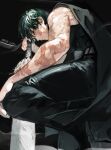  1girl absurdres black_background black_pants cape closed_mouth feet_out_of_frame from_below green_hair highres jujutsu_kaisen looking_at_viewer mutumipketto pants scar scar_on_arm scar_on_face short_hair sleeveless solo sword weapon zen&#039;in_maki 