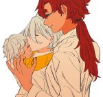  1other 2girls absurdres ambiguous_gender blue_eyes child collared_shirt dark-skinned_female dark_skin gundam gundam_suisei_no_majo hand_on_another&#039;s_head hand_on_another&#039;s_shoulder highres hug hug_from_behind if_they_mated ips_cells kiss kissing_forehead long_hair long_sleeves looking_at_another miorine_rembran mother_and_daughter multiple_girls parted_lips ponytail redhead shirt simple_background smile snapagi suletta_mercury thick_eyebrows upper_body white_background white_hair white_shirt yuri 