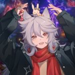  2boys aerial_fireworks alternate_costume animal_ears bennett_(genshin_impact) deardraco fireworks genshin_impact goggles goggles_on_head highres jacket multiple_boys open_mouth rabbit_boy rabbit_ears razor_(genshin_impact) red_eyes red_scarf scarf upper_body wolf_boy wolf_ears 