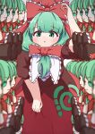  1girl bow character_doll doll frilled_bow frills front_ponytail fumo_(doll) green_eyes green_hair hair_ribbon highres kagiyama_hina puffy_short_sleeves puffy_sleeves red_bow red_ribbon ribbon short_sleeves solo touhou y75zei 