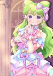  1girl :o bare_shoulders blush bow bow-shaped_hair chii_(chi_pppuri) colored_eyelashes column commentary_request cowboy_shot dress falulu frilled_dress frills green_hair hand_up headphones highres long_hair looking_at_viewer open_mouth pillar pink_bow pink_dress pretty_series pripara sidelocks signature solo standing very_long_hair violet_eyes window 