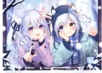  2girls absurdres ahoge blue_eyes blush branch brown_eyes buttons closed_mouth coat hair_ornament hand_on_own_face hand_up heterochromia highres looking_to_the_side multiple_girls open_mouth original page_number pom_pom_(clothes) scan scarf smile snow snowing tsunako twintails upper_body violet_eyes white_hair window winter_clothes winter_coat 