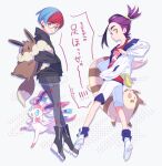  1boy 1girl backpack bag black_footwear black_hair blue_hair boots closed_eyes eevee full_body furret glasses hand_in_pocket highres hood hood_down hoodie jacket kieran_(pokemon) kodamari long_sleeves mole mole_on_neck multicolored_hair open_clothes open_jacket open_mouth pantyhose parted_lips penny_(pokemon) pokemon pokemon_(creature) pokemon_sv purple_hair red_tank_top redhead shoes short_hair shorts simple_background skirt socks sweat sylveon tank_top translation_request white_footwear white_jacket white_shorts 