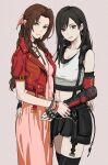  2girls absurdres aerith_gainsborough arm_around_waist black_hair black_thighhighs braid braided_ponytail brown_hair closed_mouth commentary crop_top dress earrings eyelashes final_fantasy final_fantasy_vii final_fantasy_vii_rebirth final_fantasy_vii_remake fingerless_gloves gloves green_eyes grey_background hair_ribbon highres holding_another&#039;s_wrist jacket jewelry looking_at_viewer multiple_girls navel necklace pink_dress pink_eyes pink_ribbon red_jacket ribbon shiren_(ourboy83) skindentation skirt smile standing suspender_skirt suspenders thigh-highs tifa_lockhart upper_body zettai_ryouiki 