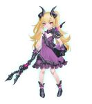  1girl bare_arms bare_shoulders black_footwear blonde_hair boots commentary dot_nose dress footwear full_body game_cg gloves holding holding_weapon horns knees little_witch_nobeta long_hair looking_at_viewer nobeta non-web_source official_art purple_dress shoes simple_background solo spaghetti_strap standing transparent_background twintails violet_eyes weapon 