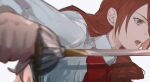  1girl biiko_(king1015g) blurry blurry_foreground bow bowtie collared_shirt fighting_stance from_side hair_over_one_eye highres holding holding_sword holding_weapon kirijou_mitsuru long_hair long_sleeves open_mouth persona persona_3 profile rapier red_bow red_bowtie red_eyes redhead shirt simple_background sword upper_body weapon white_shirt 
