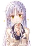  1girl absurdres angel_beats! blazer covered_mouth grey_hair highres holding_ticket jacket long_hair looking_at_viewer school_uniform solo tachibana_kanade white_hair yellow_eyes zuzuhashi 