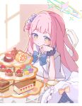  1girl :t absurdres blue_archive blue_bow blue_bowtie blush bow bowtie cake cake_slice capelet cup dress flower food hair_bun hair_flower hair_ornament halo hand_on_own_cheek hand_on_own_face highres long_hair looking_at_viewer macaron mika_(blue_archive) on_chair pastry pink_hair rco_as scrunchie sidelocks single_hair_bun single_side_bun sitting solo sparkle teacup tiered_tray white_capelet white_dress wrist_scrunchie yellow_eyes 