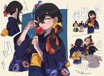  1girl 2boys alternate_costume alternate_hairstyle aoya_(ayoyame18) black_eyes black_hair brown_hair candy_apple carmine_(pokemon) crossed_bangs eyelashes floral_print floral_print_kimono florian_(pokemon) food hair_between_eyes japanese_clothes kieran_(pokemon) kimono long_hair long_sleeves mask mask_on_head mole mole_on_neck mole_under_eye multicolored_hair multiple_boys multiple_views pokemon pokemon_sv purple_hair redhead sash short_hair speech_bubble translation_request two-tone_hair wide_sleeves yellow_eyes yellow_sash 