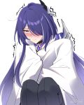  1girl absurdres acheron_(honkai:_star_rail) asiri_senpai blanket blush hair_ornament highres honkai:_star_rail honkai_(series) knees_up long_hair nose_blush purple_hair simple_background sitting solo very_long_hair violet_eyes white_background 