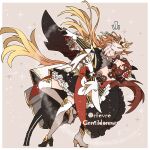  2girls animal_ears asuka_(junerabitts) asymmetrical_footwear black_bow black_footwear blonde_hair bow brown_background brown_eyes brown_hair cape character_name commentary_request dancing ear_covers ear_ornament epaulettes full_body gentildonna_(umamusume) gloves hair_bow half-closed_eyes high_heels horse_ears horse_girl horse_tail lace-trimmed_skirt lace_trim light_brown_hair long_hair mismatched_footwear multicolored_hair multiple_girls notice_lines orange_hair orfevre_(umamusume) outside_border see-through single_ear_cover skirt sparkle_background tail thigh-highs umamusume violet_eyes white_footwear white_gloves 