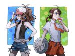  2girls ahoge black_vest black_wristband blue_eyes braid bright_pupils brown_hair closed_mouth collared_shirt commentary eyelashes frown hand_on_headwear hand_up hat highres hilda_(pokemon) holding holding_clothes holding_hat holding_poke_ball juliana_(pokemon) multiple_girls necktie open_clothes open_vest orange_necktie orange_shorts oratoza poke_ball poke_ball_(basic) pokemon pokemon_bw pokemon_sv shirt shorts sidelocks sleeveless sleeveless_shirt symbol-only_commentary vest white_pupils white_shirt 