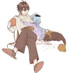  1boy 1girl aged_down ahoge alternate_costume antenna_hair arm_up artist_name back barefoot blue_eyes blue_hair book brown_footwear brown_hair brown_pants brown_socks child crossed_legs cup dragon dragon_horns dragon_tail dress eyeshadow ganyu_(genshin_impact) genshin_impact goat_horns gradient_hair hair_between_eyes hand_up highres holding holding_cup horns long_hair long_sleeves looking_at_another looking_to_the_side makeup multicolored_eyes multicolored_hair open_book open_mouth orange_eyes pants pink_shorts ponytail puffy_long_sleeves puffy_sleeves purple_dress red_eyeshadow rex_lapis_(genshin_impact) sakanomachico seiza shorts simple_background sitting slippers smile socks sweater tail turtleneck turtleneck_sweater violet_eyes white_background white_sweater zhongli_(genshin_impact) 