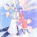  2girls ancient_ys_vanished blue_eyes blue_hair chacco_suke closed_eyes closed_mouth dress feena_(ys) full_body harmonica highres holding holding_instrument instrument jewelry multiple_girls necklace open_mouth parted_bangs purple_hair reah_(ys) red_dress siblings sidelocks sisters smile white_dress white_wings wings ys ys_origin 