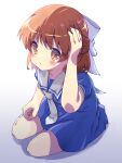  1girl akayama_yukihe blue_dress blush bow brown_eyes brown_hair child clannad closed_mouth commentary_request dress from_above frown full_body hair_between_eyes hair_bow half_updo hand_on_own_head highres kindergarten_uniform long_hair looking_at_viewer medium_hair necktie okazaki_ushio sailor_collar sailor_dress short_sleeves sidelighting simple_background sitting solo tareme white_background white_bow white_necktie white_sailor_collar 