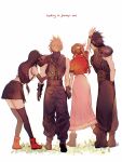  2boys 2girls aerith_gainsborough armor baggy_pants black_footwear black_gloves black_hair black_pants black_shirt black_skirt black_thighhighs boots braid braided_ponytail brown_hair cloud_strife cropped_shirt english_text facing_ahead final_fantasy final_fantasy_vii final_fantasy_vii_remake fingerless_gloves from_behind full_body gloves hand_on_another&#039;s_back hand_on_another&#039;s_head headpat highres holding_hands leaning_forward light_brown_hair long_hair long_skirt low-tied_long_hair miniskirt multiple_boys multiple_girls pants pauldrons pink_skirt red_shirt ribbed_shirt sera_(serappi) shirt shoes short_hair shoulder_armor sidelocks simple_background single_pauldron skirt sleeveless sleeveless_shirt straight_hair thigh-highs tifa_lockhart very_long_hair white_background zack_fair zettai_ryouiki 