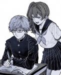  1boy 1girl alternate_costume arms_behind_back book contemporary desk expressionless glasses hair_between_eyes highres holding holding_pen jacket land_(sousou_no_frieren) leaning_forward miba monochrome neckerchief open_book pen pleated_skirt sailor_collar school_desk school_uniform shirt short_sleeves side_ponytail sitting skirt smile sousou_no_frieren standing twitter_username ubel_(sousou_no_frieren) white_background 