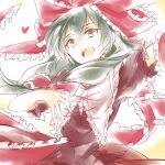 1girl commentary_request cross-laced_clothes dress frilled_ribbon frills front_ponytail green_eyes hair_ribbon heart kagiyama_hina kutsuki_kai looking_at_viewer medium_hair one-hour_drawing_challenge open_mouth red_dress red_ribbon ribbon solo touhou upper_body yellow_background 