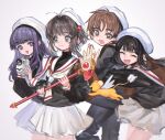  1boy 3girls antenna_hair black_hair black_pants blunt_bangs brown_hair cardcaptor_sakura closed_eyes closed_mouth daidouji_tomoyo fuuin_no_tsue hat highres holding kaneni kero kinomoto_sakura li_meiling li_syaoran long_hair long_sleeves multiple_girls open_mouth pants pleated_skirt purple_hair sailor_collar school_uniform serafuku simple_background skirt tomoeda_elementary_school_uniform video_camera white_headwear 