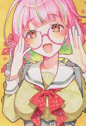  1girl blush breasts brown_eyes flower glasses green_hair highres kantai_collection large_breasts long_sleeves looking_at_viewer multicolored_hair open_mouth pink-framed_eyewear pink_hair red_flower round_eyewear sailor_collar school_uniform semi-rimless_eyewear serafuku shamomo solo traditional_media ume_(kancolle) upper_body white_sailor_collar 