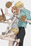41097772s absurdres alcohol arm_tattoo beer blonde_hair clima-tact denim highres jeans nami_(one_piece) one_piece orange_hair pants sanji_(one_piece) shoulder_tattoo tattoo