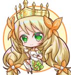  1girl bare_shoulders blonde_hair bow butterfly_hair_ornament celine_(fire_emblem) chibi chibi_only closed_mouth crown cup dress fire_emblem fire_emblem_engage full_body green_bow green_eyes griffonmask11 hair_ornament highres holding holding_cup holding_plate long_hair official_alternate_costume orange_bow plate smile solo teacup thigh-highs very_long_hair white_dress white_thighhighs 