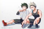 2boys 3: absurdres arm_on_thigh arm_rest bakugou_katsuki bangs_pinned_back bare_arms bare_shoulders between_legs black_footwear black_headband black_shorts black_tank_top blonde_hair boku_no_hero_academia bright_pupils check_food chromatic_aberration closed_mouth clothing_request collarbone commentary_request cross-laced_footwear curly_hair drawstring eye_contact food food_in_mouth freckles frown full_body furrowed_brow green_eyes green_hair grey_background grey_shirt grin hand_between_legs hand_up headband highres hot looking_at_another looking_to_the_side male_focus midoriya_izuku mori_dosukoi mouth_hold multiple_boys on_floor on_ground outstretched_legs partial_commentary polka_dot polka_dot_shadow popsicle popsicle_in_mouth raised_eyebrows red_eyes red_footwear scar scar_on_chest scar_on_hand scar_on_shoulder shadow shirt shirt_grab shoe_soles shoes short_hair shorts side-by-side sideways_glance sigh sign sitting sleeveless smile sneakers spiky_hair squatting sweat t-shirt tank_top teeth_hold tied_drawstring triangle v-shaped_eyebrows white_pupils 