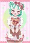  1girl :d apron blunt_bangs blush box chii_(chi_pppuri) chimumu cowboy_shot double_bun gift green_hair hair_bun hands_up heart heart-shaped_box highres holding holding_gift looking_at_viewer multicolored_hair open_mouth outline pink_background pretty_series puffy_short_sleeves puffy_sleeves red_shorts shirt short_hair short_sleeves shorts sidelocks smile solo standing sticker_on_face streaked_hair valentine waccha_primagi! white_apron white_hair white_outline white_shirt wrist_cuffs 