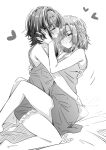  2girls asanagi_yori blush closed_eyes closed_mouth commentary couple half_updo hand_on_another&#039;s_cheek hand_on_another&#039;s_face heart highres hug kino_himari lwmina70119 multiple_girls pajamas sasayaku_you_ni_koi_wo_utau short_hair sidelocks sleeveless smile wolf_cut yuri 