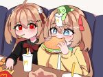  2girls ahoge black_cardigan blue_eyes brown_hair burger cardigan chicken_nuggets commentary drink eating english_commentary evil_neuro-sama food french_fries hair_ornament heart heart_hair_ornament highres indie_virtual_youtuber long_hair mcdonald&#039;s multiple_girls neuro-sama red_eyes school_uniform serafuku skull_hair_ornament sparkling_eyes tanhuluu turtle two_side_up vedal987 virtual_youtuber yellow_cardigan 