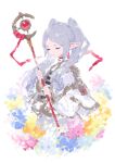  1girl capelet closed_eyes closed_mouth earrings flower frieren grey_hair highres holding holding_staff jewelry kaneni long_hair long_sleeves pointy_ears sidelocks simple_background solo sousou_no_frieren staff twintails very_long_hair white_background white_capelet 