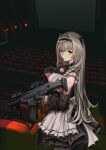  1girl absurdres apron assault_rifle black_dress black_gloves cowboy dress gas_mask girls_frontline gloves green_eyes grey_hair gun h&amp;k_hk433 hair_ornament half_gloves highres hk433_(girls&#039;_frontline) holding holding_gun holding_weapon lithographica long_hair looking_at_viewer maid_headdress mask mask_around_neck movie_theater rifle scope solo trigger_discipline weapon white_apron 