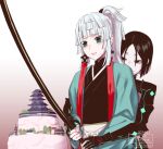  2girls artist_name black_eyes black_hair cake colored_inner_hair commentary_request dated fate/grand_order fate/samurai_remnant fate_(series) food green_eyes guiding_hand hakama haori high_ponytail japanese_clothes long_hair multicolored_hair multiple_girls parted_bangs pink_hair ponytail short_hair smile sweat titiduki_(manman-ya) twitter_username two-tone_hair ushi_gozen_(avenger)_(fate) ushi_gozen_(fate) watermark web_address white_hair white_hakama yui_shousetsu_(fate) yui_shousetsu_(first_ascension)_(fate) 