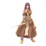  1girl 2000s_(style) brown_dress chest_guard closed_mouth dress expressionless floral_print frilled_dress frills full_body gauntlets highres holding holding_sword holding_weapon long_hair looking_afar looking_to_the_side medium_bangs myung-jin_lee official_art purple_hair ragnarok_online rose_print sidelocks simple_background solo standing sword swordsman_(ragnarok_online) tachi-e transparent_background violet_eyes weapon 