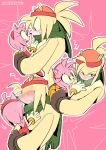  1boy 1girl amy_rose averting_eyes bark_the_polar_bear blush carrying carrying_person eye_contact furry furry_female furry_male gloves green_eyes hashtag_only_commentary hat height_difference hetero highres hug looking_at_another mojunpwo pink_background red_eyes scarf sonic_(series) upper_body white_gloves 