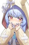  1girl absurdres animal_ear_hood blue_hair bongnom hands_up highres holding holding_hair hololive hood hood_up hooded_cardigan long_hair long_sleeves looking_at_viewer portrait red_eyes simple_background solo tearing_up usada_pekora virtual_youtuber white_background 