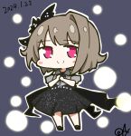  1girl absurdres black_dress black_footwear blush bob_cut chibi chibi_only closed_mouth detached_sleeves dress glitter glitter_dress hair_ornament highres light_brown_hair looking_at_viewer love_live! love_live!_nijigasaki_high_school_idol_club love_live!_school_idol_festival_2 nakasu_kasumi oofushi_ao parted_bangs puffy_detached_sleeves puffy_sleeves red_eyes short_hair short_sleeves signature single_sidelock smile solo 