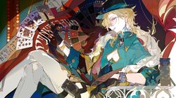  1boy aqua_shirt aventurine_(honkai:_star_rail) black_gloves black_headwear blonde_hair bracelet card clothing_cutout collared_shirt earrings ezu_(e104mjd) fur_trim glasses gloves hat highres honkai:_star_rail honkai_(series) jacket jewelry male_focus open_mouth pants pectoral_cleavage pectorals playing_card shirt solo tongue tongue_out white_pants 