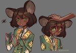  1girl absurdres animal_ears artist_name bad_link blush brown_hair bumblesteak dark-skinned_female dark_skin glasses gloves green_eyes grey_background highres mouse_ears mouse_girl nose olive_(bumblesteak) original short_hair simple_background solo 