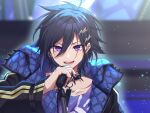  1boy absurdres aura black_hair blurry blurry_background coat collar collarbone concert earrings eyelashes facing_viewer hair_between_eyes hair_ornament handprint highres holding holding_microphone holostars idol jewelry kanade_izuru kanade_izuru_(1st_costume) lightning_bolt_hair_ornament lightning_bolt_symbol looking_at_viewer male_focus microphone microphone_stand multiple_earrings music nyokkiiiiin open_clothes open_coat open_mouth short_hair singing solo sparkle spiked_collar spikes teeth upper_body violet_eyes virtual_youtuber 