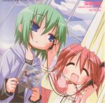  2girls androgynous blue_eyes blush cover earphones flat_chest green_hair highres holding_cd iwasaki_minami kobayakawa_yutaka lucky_star multiple_girls non-web_source official_art redhead scan shared_earphones short_hair short_twintails twintails yoshimizu_kagami 