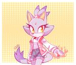  1girl animal_ears blaze_the_cat cat_ears cat_girl cat_tail danielasdoodles-art fire forehead_jewel furry furry_female jacket looking_at_viewer open_clothes open_jacket ponytail purple_fur shirt shorts sonic_(series) tail white_shirt yellow_eyes 