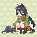  1girl ahoge animal_ears apron black_hair blush boots bowl brown_footwear brown_skirt cat closed_mouth full_body green_background green_kimono hair_between_eyes high_heel_boots high_heels horse_ears horse_girl horse_tail japanese_clothes kimono long_hair long_sleeves manhattan_cafe_(umamusume) manhattan_cafe_(verdant_night)_(umamusume) multicolored_hair name_tag ooishi_oil outline pet_bowl pet_food petting skirt smile solo squatting streaked_hair tail umamusume waist_apron white_outline yellow_eyes 