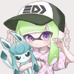  1girl :o baseball_cap blue_eyes bright_pupils commentary glaceon green_hair grey_background hat inkling inkling_girl inkling_player_character long_hair looking_at_viewer pointy_ears pokemon pokemon_(creature) prehensile_ribbon print_headwear print_shirt sh_f0y shirt simple_background splatoon_(series) symbol-only_commentary tail tentacle_hair upper_body violet_eyes white_pupils white_shirt 