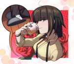  alcohol braid brown_eyes brown_hair cup drinking emile_aoi eyepatch flower girls_frontline highres long_hair m16a1_(girls&#039;_frontline) mole mole_under_eye multicolored_hair necktie red_flower red_rose rose shirt slippers socks solo watch white_socks wine yellow_shirt 