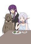  3girls absurdres aroon bare_shoulders clone closed_eyes drooling elf fern_(sousou_no_frieren) food fork frieren hair_down hands_on_another&#039;s_shoulders highres holding holding_fork lettuce long_hair mouth_drool multiple_girls open_mouth pointy_ears potato purple_hair saliva sausage simple_background sleepy sousou_no_frieren sweat sweatdrop thick_eyebrows twintails very_long_hair violet_eyes white_background 