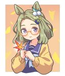  1girl air_messiah_(umamusume) animal_ears blush bow bowtie closed_mouth cropped_torso glasses green_hair hair_ornament hairclip holding holding_leaf horse_ears jacket leaf looking_at_viewer maple_leaf medium_hair ooishi_oil purple_shirt sailor_collar semi-rimless_eyewear shirt solo umamusume upper_body violet_eyes yellow_jacket 