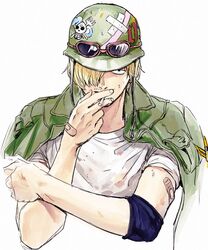  1boy arm_up bandaid bandaid_on_arm blonde_hair chief_(chiefvinsmoke) cigarette combat_helmet cropped_torso facial_hair fork goggles goggles_on_head green_jacket hair_over_one_eye helmet holding holding_cigarette jacket jacket_on_shoulders looking_at_viewer military mustache one_piece sanji_(one_piece) shirt short_hair skull_and_crossbones smoking upper_body white_shirt 